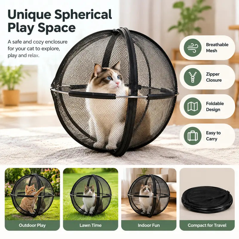 TYII™ Portable Pop-Up Cat Enclosure – 360° Breathable Mesh Outdoor Cat Playpen, Foldable Spherical Cat Tent for Indoor & Outdoor Use