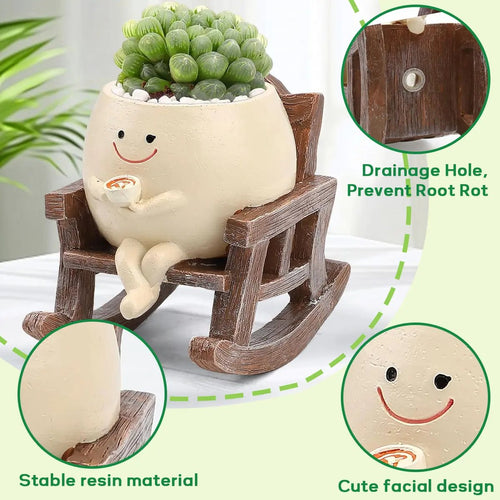 Whimsical Rocking Chair Resin Planter with Drainage Hole