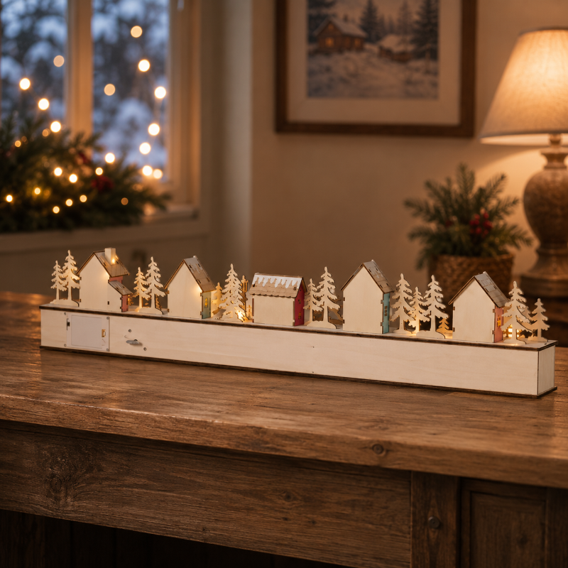 TYIIPRO™ Home Reflections Christmas Village Advent Calendar – DIY Wooden Countdown Decoration with LED Lights, Music & 24 Gift Drawers