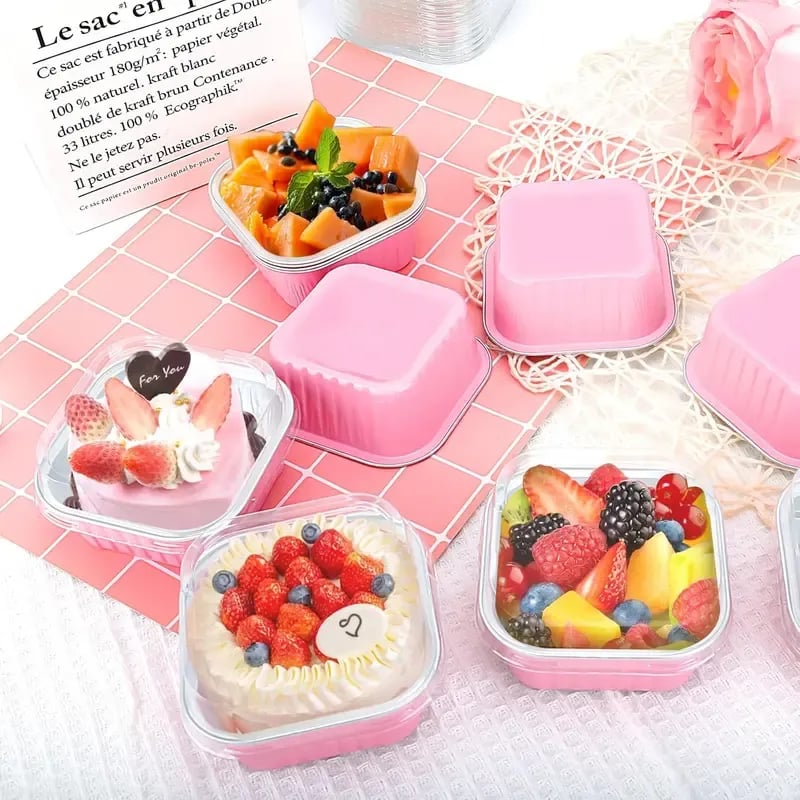 🧁5oz Mini Aluminum Foil Cake Pans with Lids, Forks & Stickers