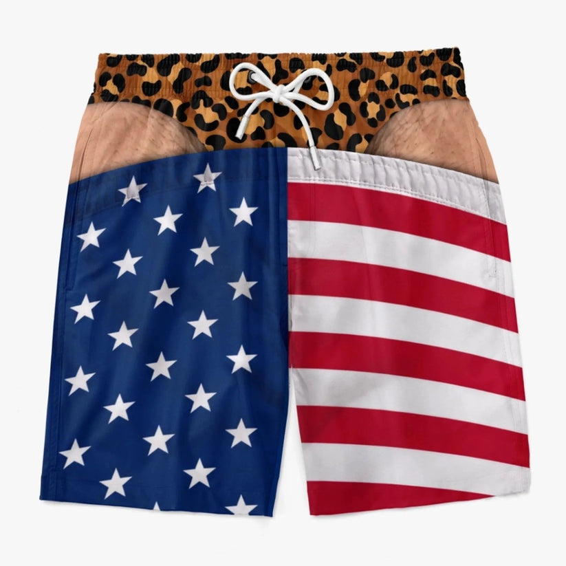 šFunny LeopardāPrint Fake Denim Swim Shorts | Novelty Illusion Beach Trunks