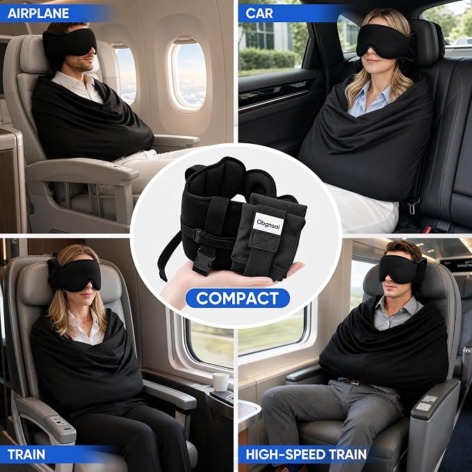 TYII™ 3-in-1 Travel Pillow with Eye Mask – Neck Support for Airplane, Car & Train