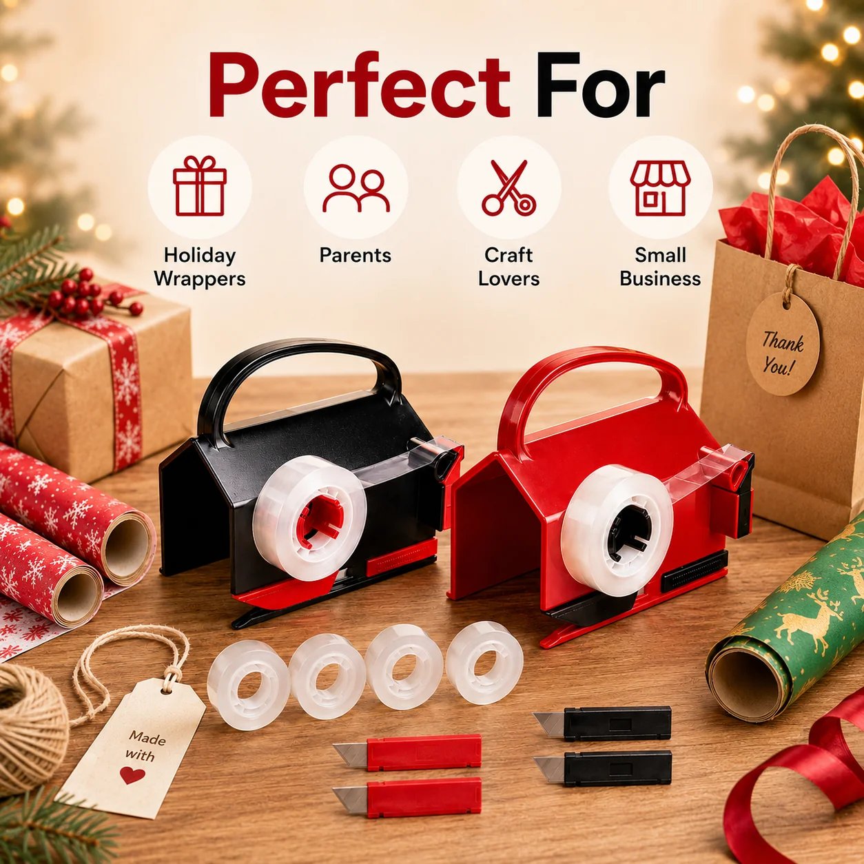 TYIIPRO™ 2-in-1 Wrapping Paper Cutter & Tape Dispenser – Gift Wrapping Tool for Faster, Cleaner & Straighter Cuts