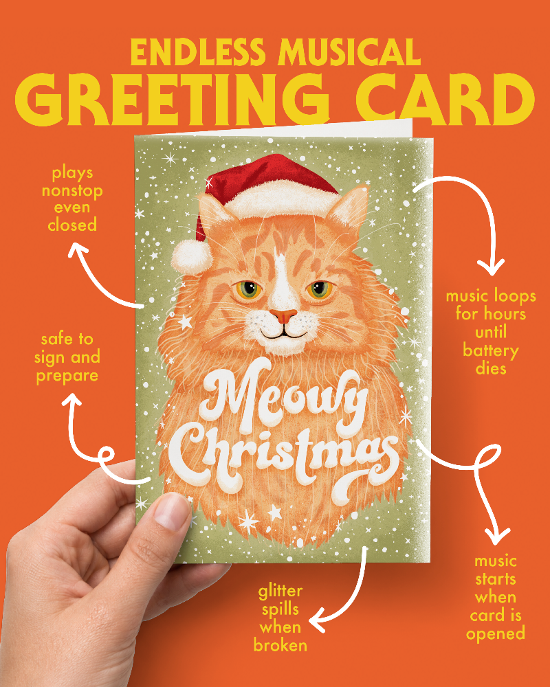 TYII™ Endless Meowing Christmas Card – Nonstop Musical Cat Prank Greeting Card with Glitter Surprise