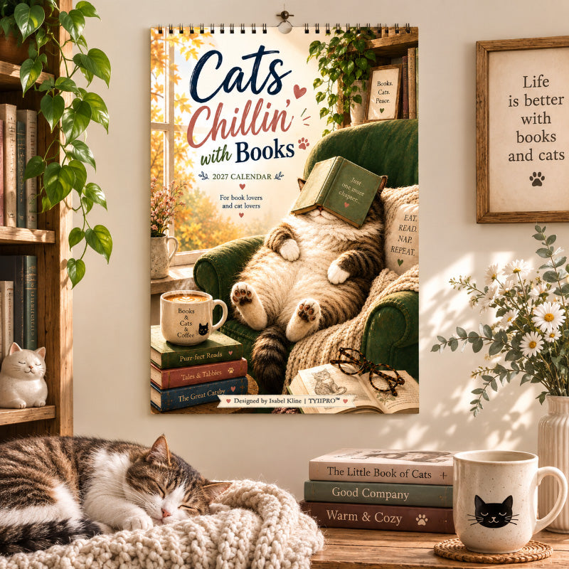 Cats Chillin' with Books™ 2027 Wall Calendar | A4 Cozy Cat & Book Lover Calendar | Designed by Isabel Kline