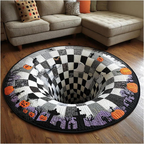 🎃 3D Optical Illusion Skeleton Vortex Quilted Round Halloween Rug