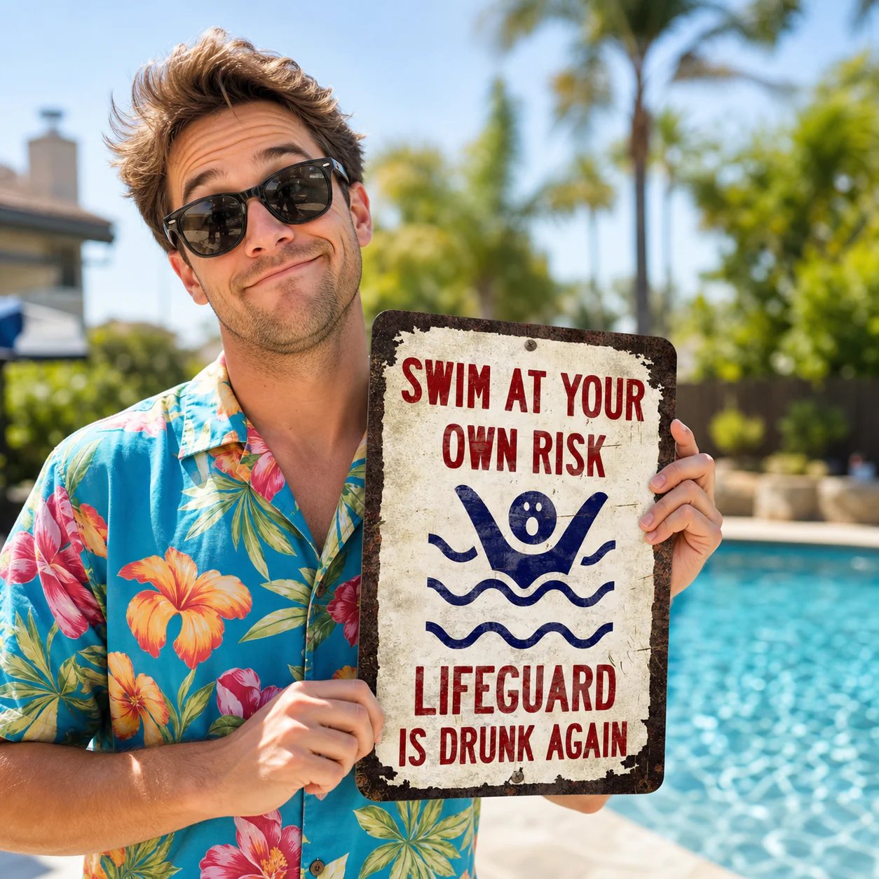 Vintage "Lifeguard Is Drunk Again" Pool Sign โ Funny Metal Pool Wall Decor ๐๐ป