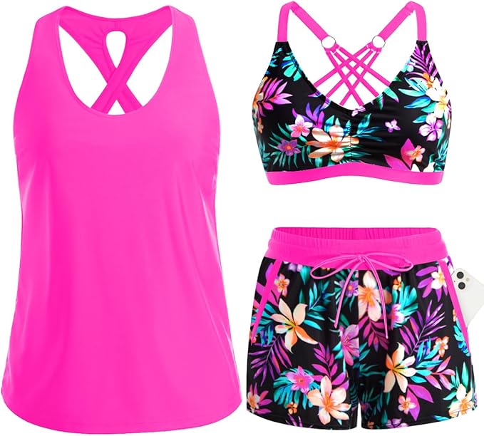 Women's 3-Piece Tankini Swimsuit Set with Pocket Shorts