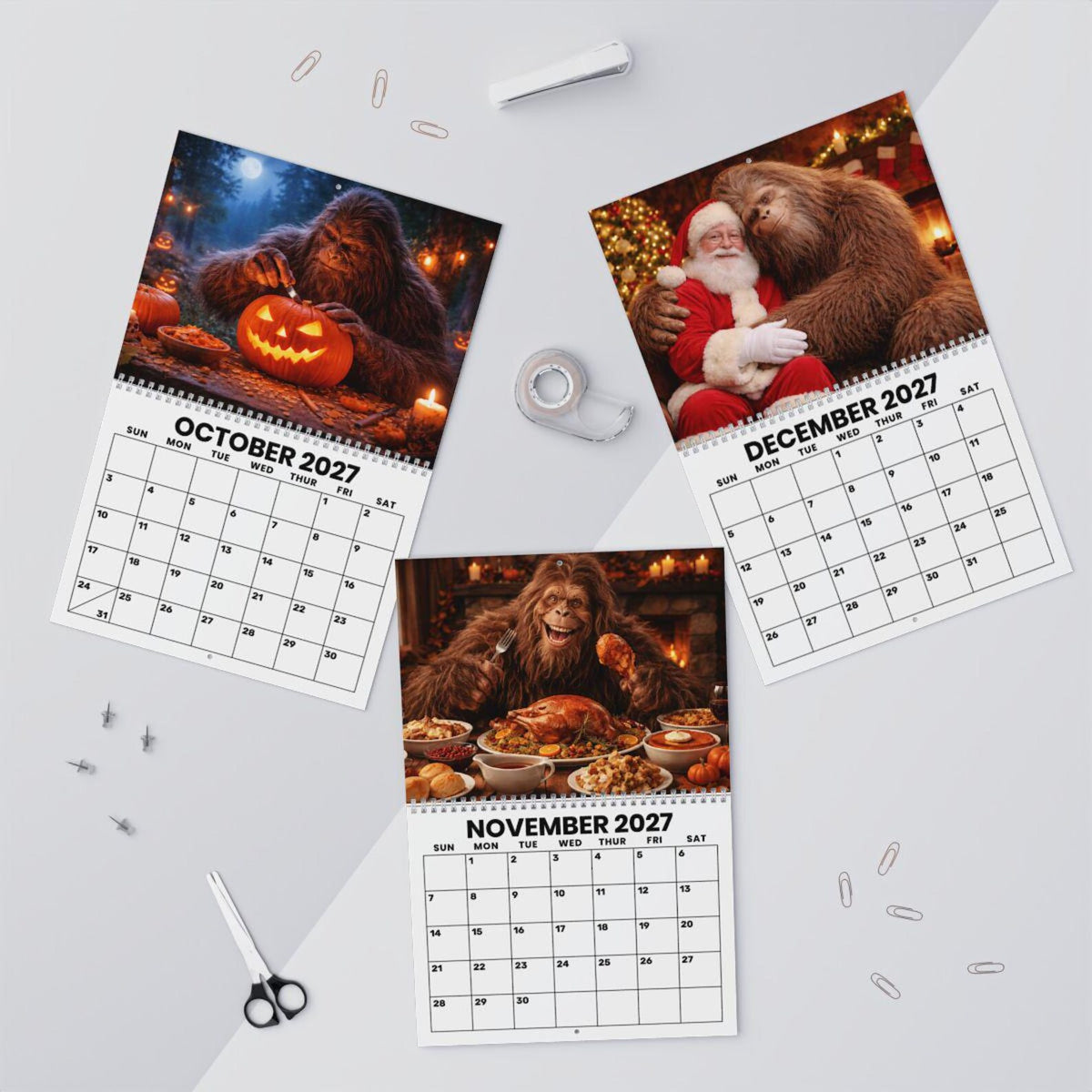 TYII™ Sasquatch Bigfoot 2027 Wall Calendar – Funny 12-Month Cryptid Calendar, 8.5" × 11" Spiral Hanging Calendar