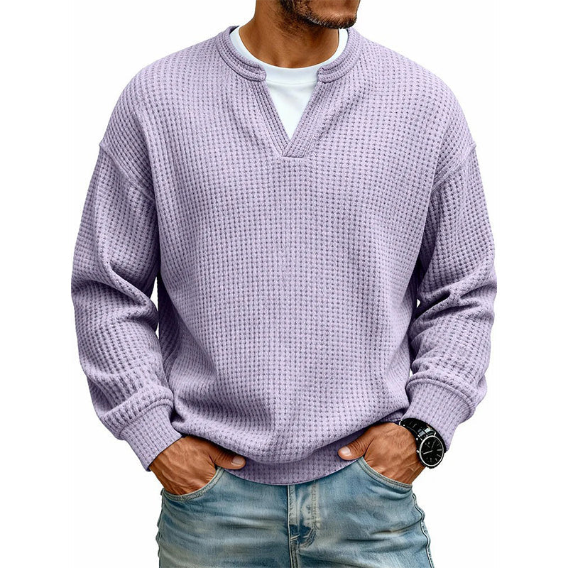Men's Thick Waffle Knit Faux Two-Piece Sweatshirt – Layered Look Long Sleeve Top