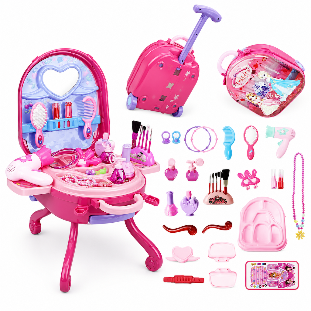 ✨ 3-in-1 Princess Vanity Suitcase — 30 Makeup Toys & Rolling Trolley 🧳