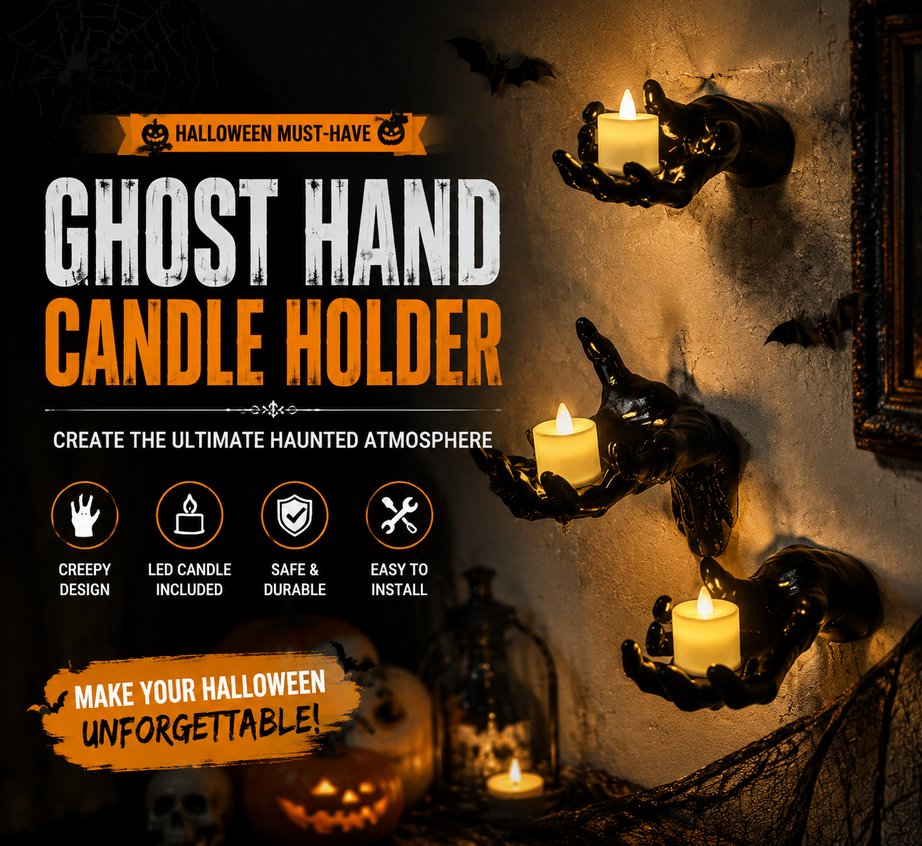 🔥 Ghost Hand LED Candle Holders | Halloween Gothic Wall Decor Set of 3