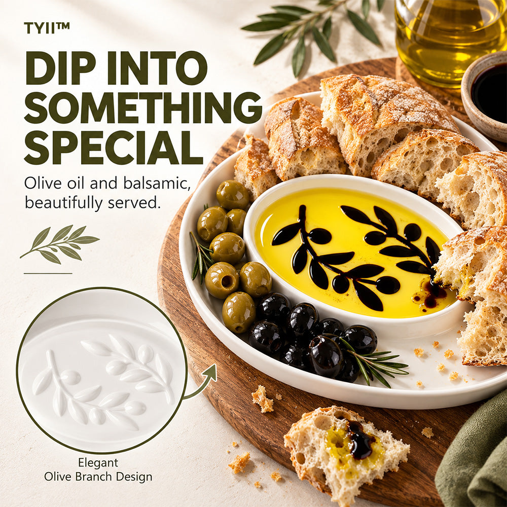 TYII™ Mediterranean Olive Oil & Balsamic Dipping Platter – 14" Porcelain Chip & Dip Serving Tray