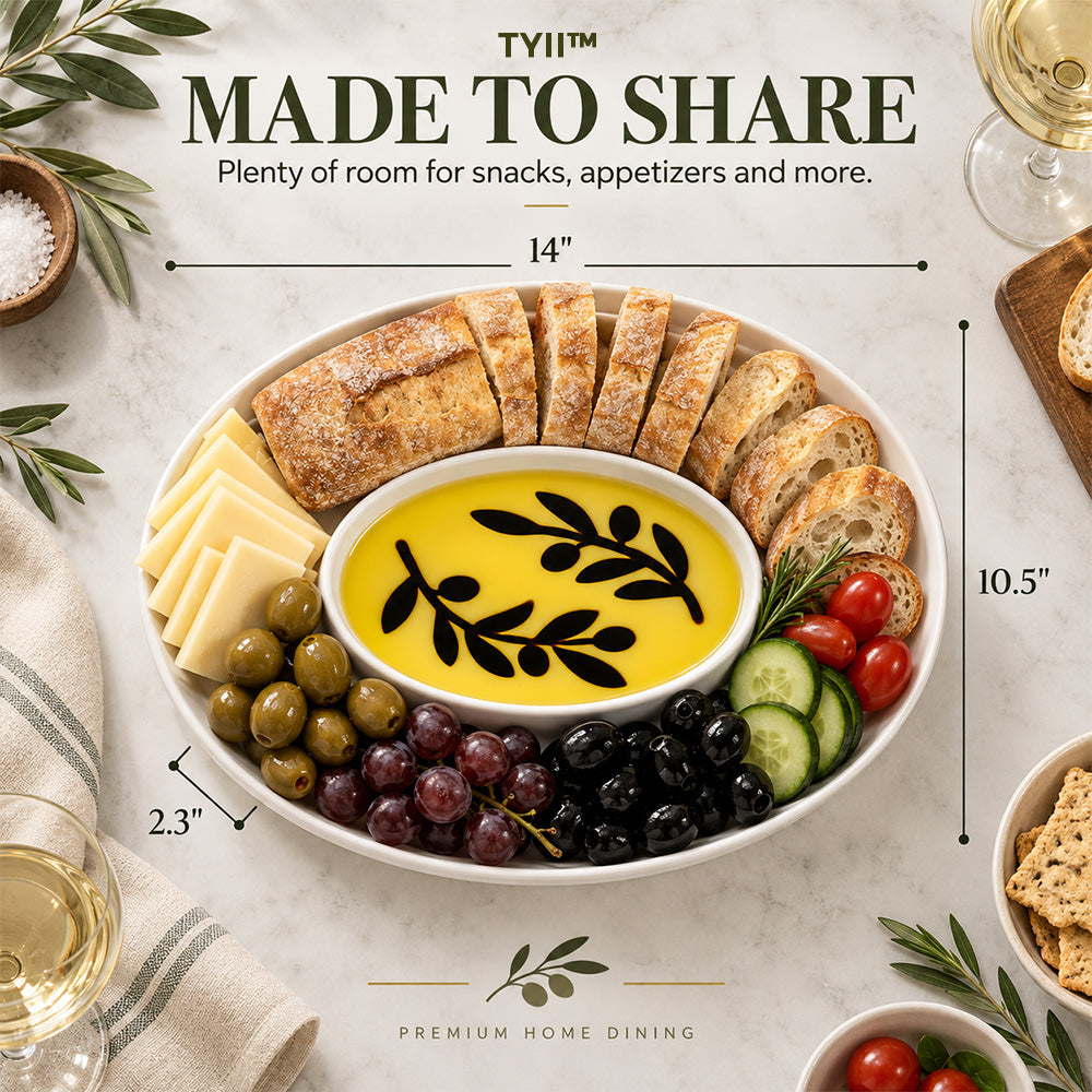 TYII™ Mediterranean Olive Oil & Balsamic Dipping Platter – 14" Porcelain Chip & Dip Serving Tray