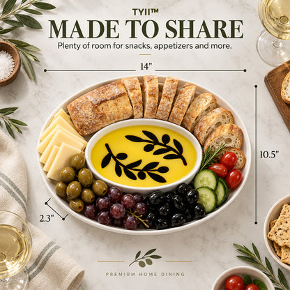 TYII™ Mediterranean Olive Oil & Balsamic Dipping Platter – 14" Porcelain Chip & Dip Serving Tray