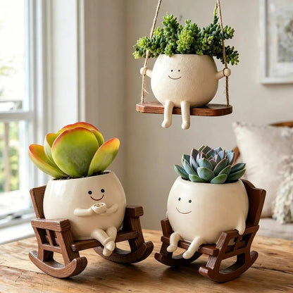 Whimsical Rocking Chair Resin Planter with Drainage Hole