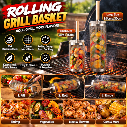 304 Stainless Steel Rolling Grill Basket with Heat Resistant Handle – BBQ Basket for Vegetables, Shrimp & Small Foods