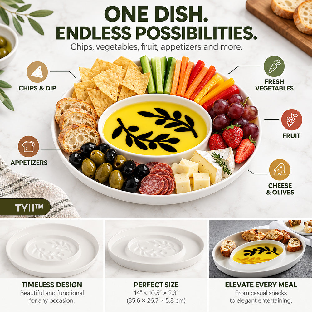TYII™ Mediterranean Olive Oil & Balsamic Dipping Platter – 14" Porcelain Chip & Dip Serving Tray