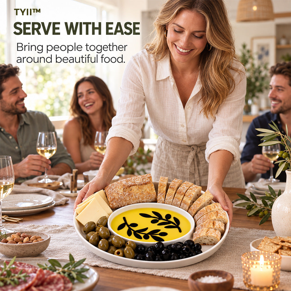TYII™ Mediterranean Olive Oil & Balsamic Dipping Platter – 14" Porcelain Chip & Dip Serving Tray