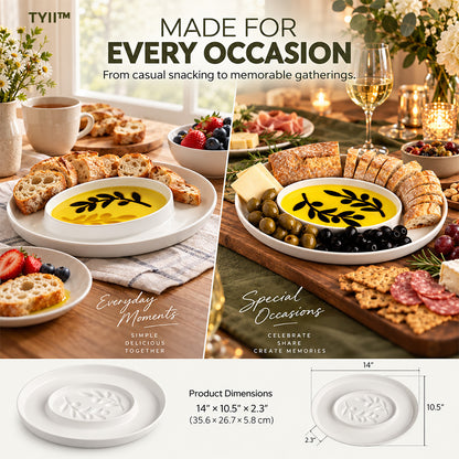 TYII™ Mediterranean Olive Oil & Balsamic Dipping Platter – 14" Porcelain Chip & Dip Serving Tray