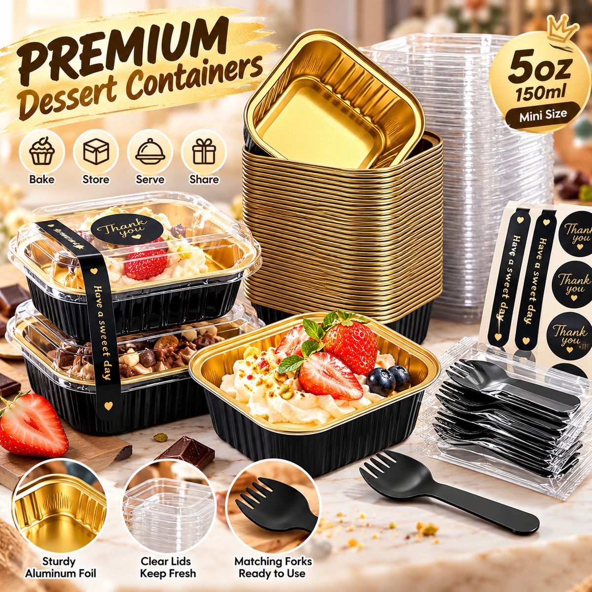 🧁5oz Mini Aluminum Foil Cake Pans with Lids, Forks & Stickers