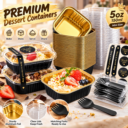🧁5oz Mini Aluminum Foil Cake Pans with Lids, Forks & Stickers