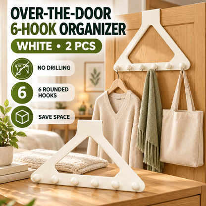 🚪 Over-the-Door 6-Hook Organizer – No-Drill Triangle Rack for Clothes, Towels, Hats & Bags