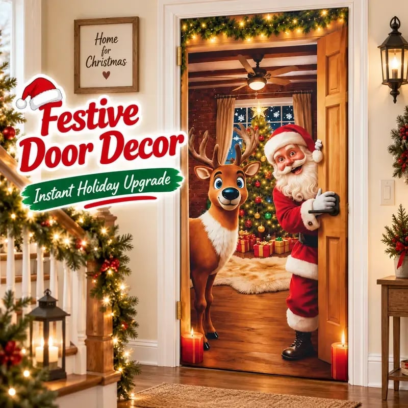 Santa Christmas Door Cover with Elastic Edges | Reusable Holiday Decor