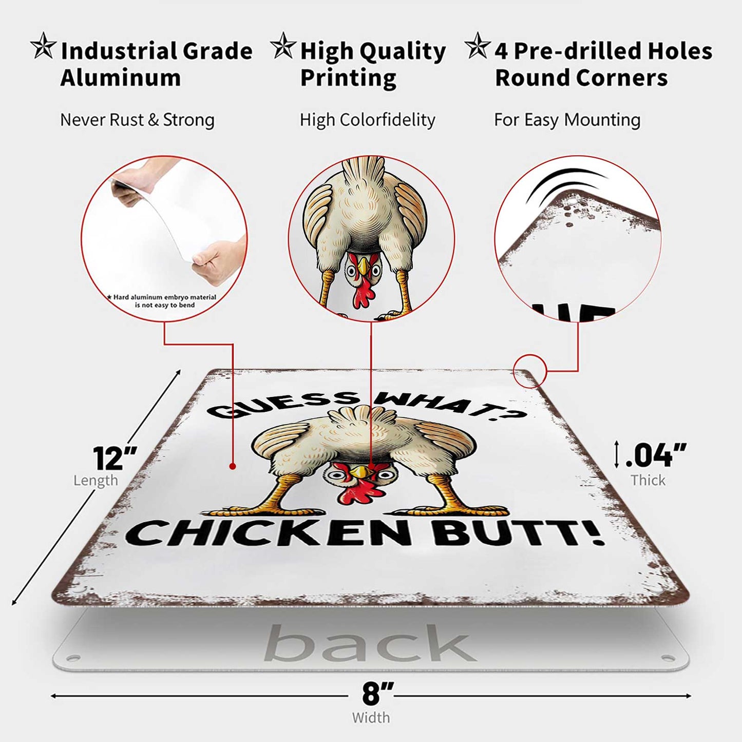 “Guess What? Chicken Butt!” Funny Metal Sign – Vintage Farmhouse Wall Decor for Chicken Lovers