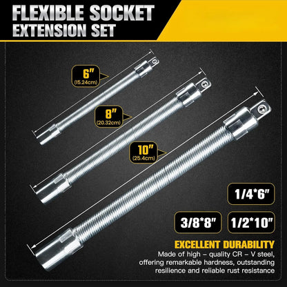 TYIIPRO™ Flexible Socket Extension Bar Set – Bendable Ratchet Wrench Extensions for Tight Spaces, CR-V Steel Automotive Repair Tool Kit