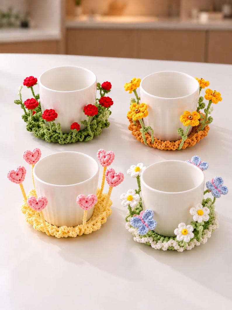 🌸 TYII™ Handmade Pop-Up Flower Coaster – 3D Crochet Cup Mat