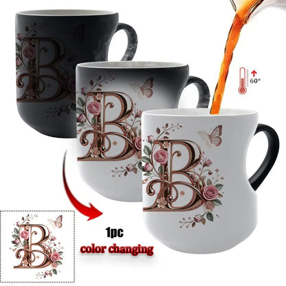 TYII™ Personalized Initial Color-Changing Mug – Heat-Reactive Floral Coffee Cup with Heart Handle, A–Z