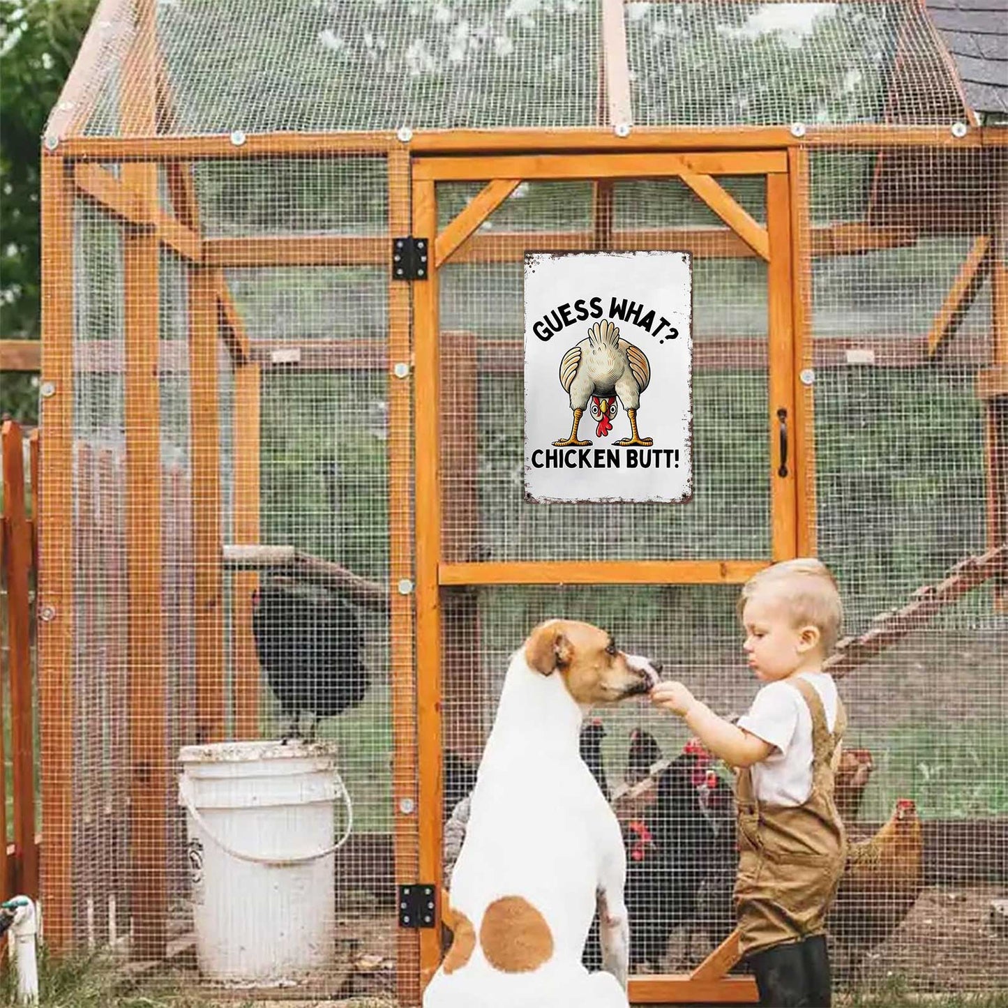 “Guess What? Chicken Butt!” Funny Metal Sign – Vintage Farmhouse Wall Decor for Chicken Lovers