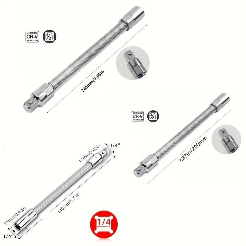 TYIIPRO™ Flexible Socket Extension Bar Set – Bendable Ratchet Wrench Extensions for Tight Spaces, CR-V Steel Automotive Repair Tool Kit