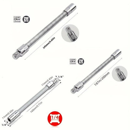TYIIPRO™ Flexible Socket Extension Bar Set – Bendable Ratchet Wrench Extensions for Tight Spaces, CR-V Steel Automotive Repair Tool Kit
