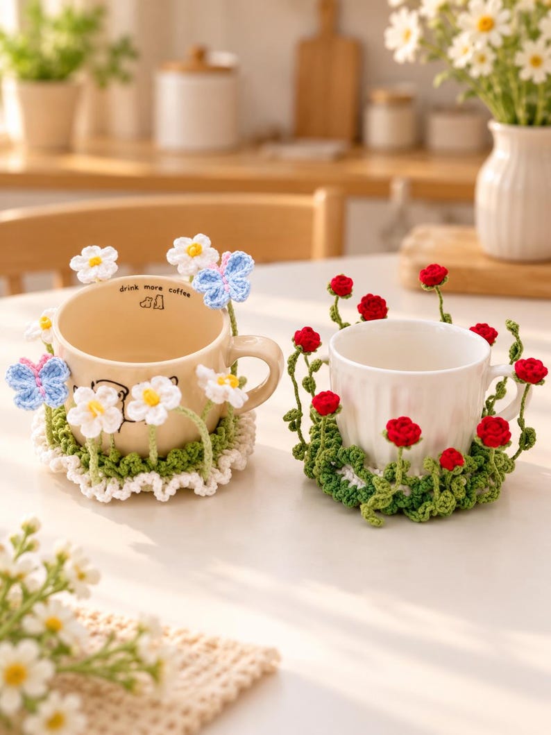 🌸 TYII™ Handmade Pop-Up Flower Coaster – 3D Crochet Cup Mat