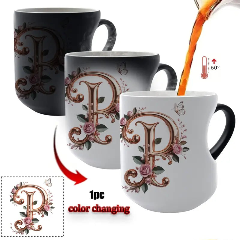 TYII™ Personalized Initial Color-Changing Mug – Heat-Reactive Floral Coffee Cup with Heart Handle, A–Z