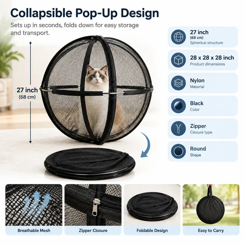 TYII™ Portable Pop-Up Cat Enclosure – 360° Breathable Mesh Outdoor Cat Playpen, Foldable Spherical Cat Tent for Indoor & Outdoor Use