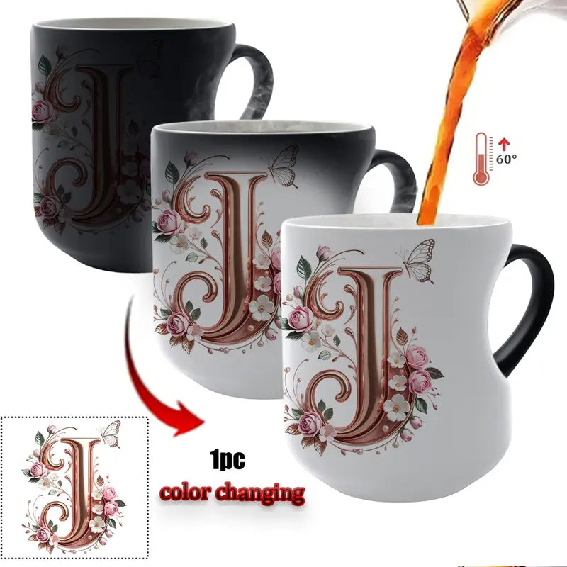 TYII™ Personalized Initial Color-Changing Mug – Heat-Reactive Floral Coffee Cup with Heart Handle, A–Z