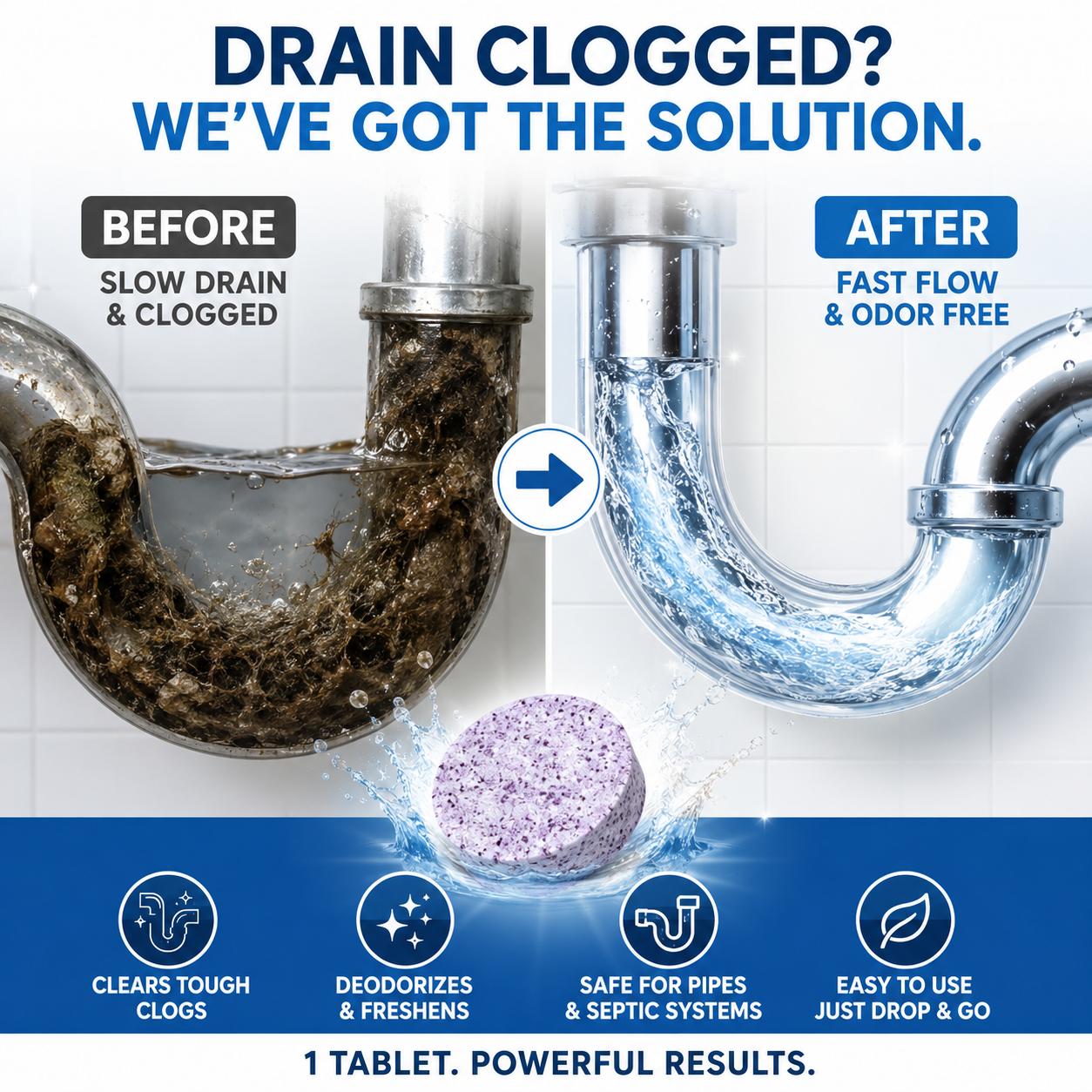 TYIIPRO™ Multi-Functional Pipe Cleaner Tablets – Drain, Washer & Septic System Cleaning Tablets | Odor Eliminator, Clog Remover & Descaler