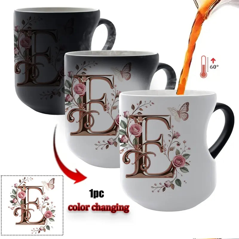 TYII™ Personalized Initial Color-Changing Mug – Heat-Reactive Floral Coffee Cup with Heart Handle, A–Z