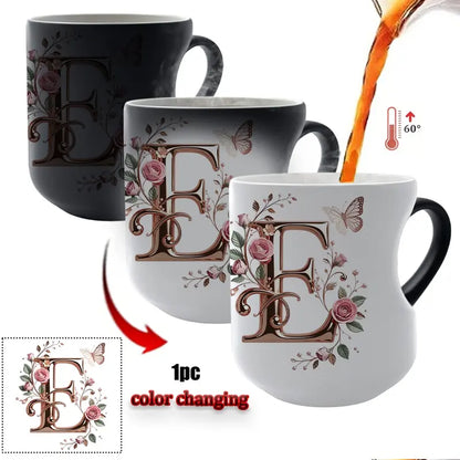 TYII™ Personalized Initial Color-Changing Mug – Heat-Reactive Floral Coffee Cup with Heart Handle, A–Z
