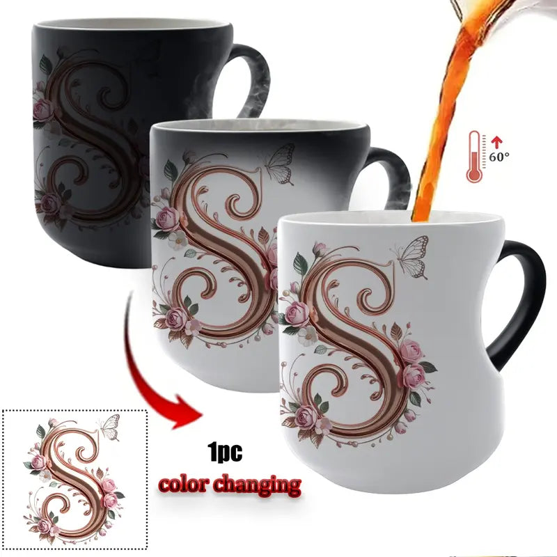 TYII™ Personalized Initial Color-Changing Mug – Heat-Reactive Floral Coffee Cup with Heart Handle, A–Z