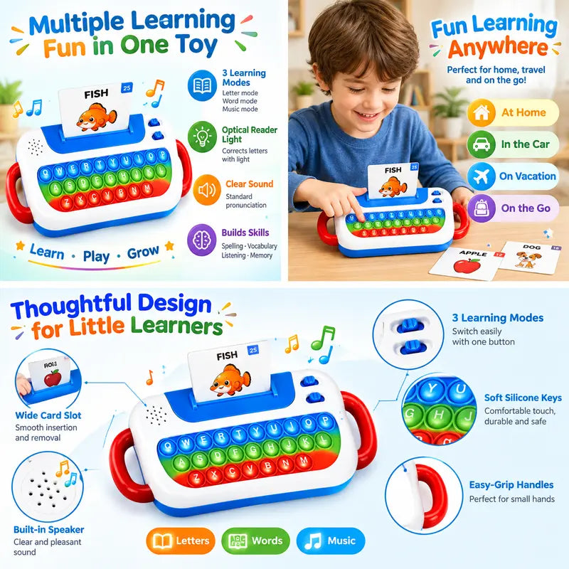 TYII™ Interactive Talking Flash Cards & Pop It Keyboard – 3-in-1 ABC Learning Toy for Kids Ages 3+, 72 Cards & 144 Words