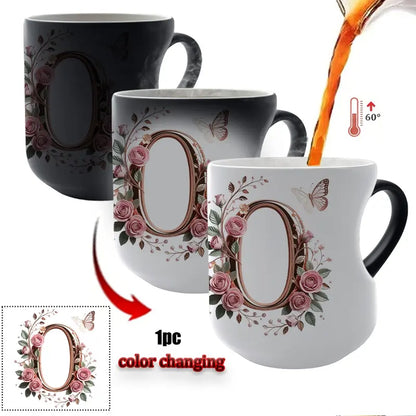 TYII™ Personalized Initial Color-Changing Mug – Heat-Reactive Floral Coffee Cup with Heart Handle, A–Z