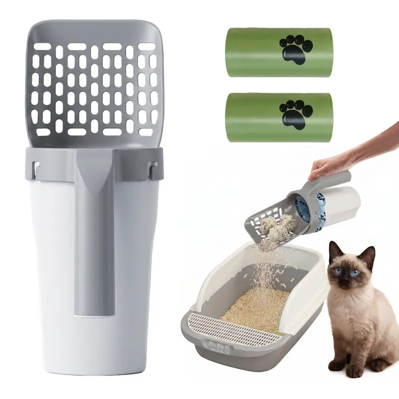 TYIIPRO™ 2-in-1 Cat Litter Scoop with Built-In Waste Bag Dispenser – Includes 2 Bag Rolls