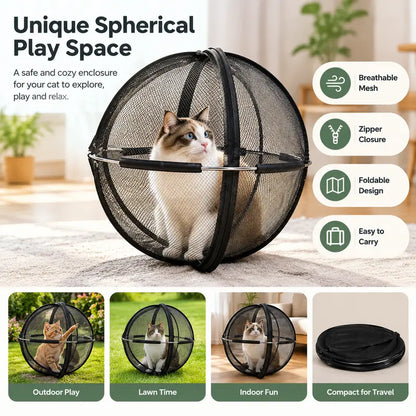 TYII™ Portable Pop-Up Cat Enclosure – 360° Breathable Mesh Outdoor Cat Playpen, Foldable Spherical Cat Tent for Indoor & Outdoor Use