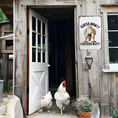 “Guess What? Chicken Butt!” Funny Metal Sign – Vintage Farmhouse Wall Decor for Chicken Lovers