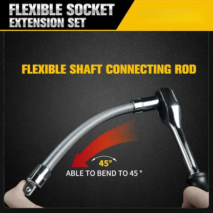 TYIIPRO™ Flexible Socket Extension Bar Set – Bendable Ratchet Wrench Extensions for Tight Spaces, CR-V Steel Automotive Repair Tool Kit