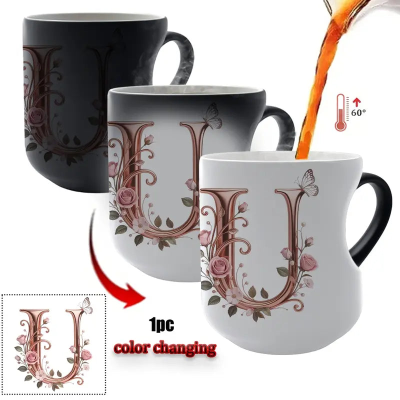 TYII™ Personalized Initial Color-Changing Mug – Heat-Reactive Floral Coffee Cup with Heart Handle, A–Z